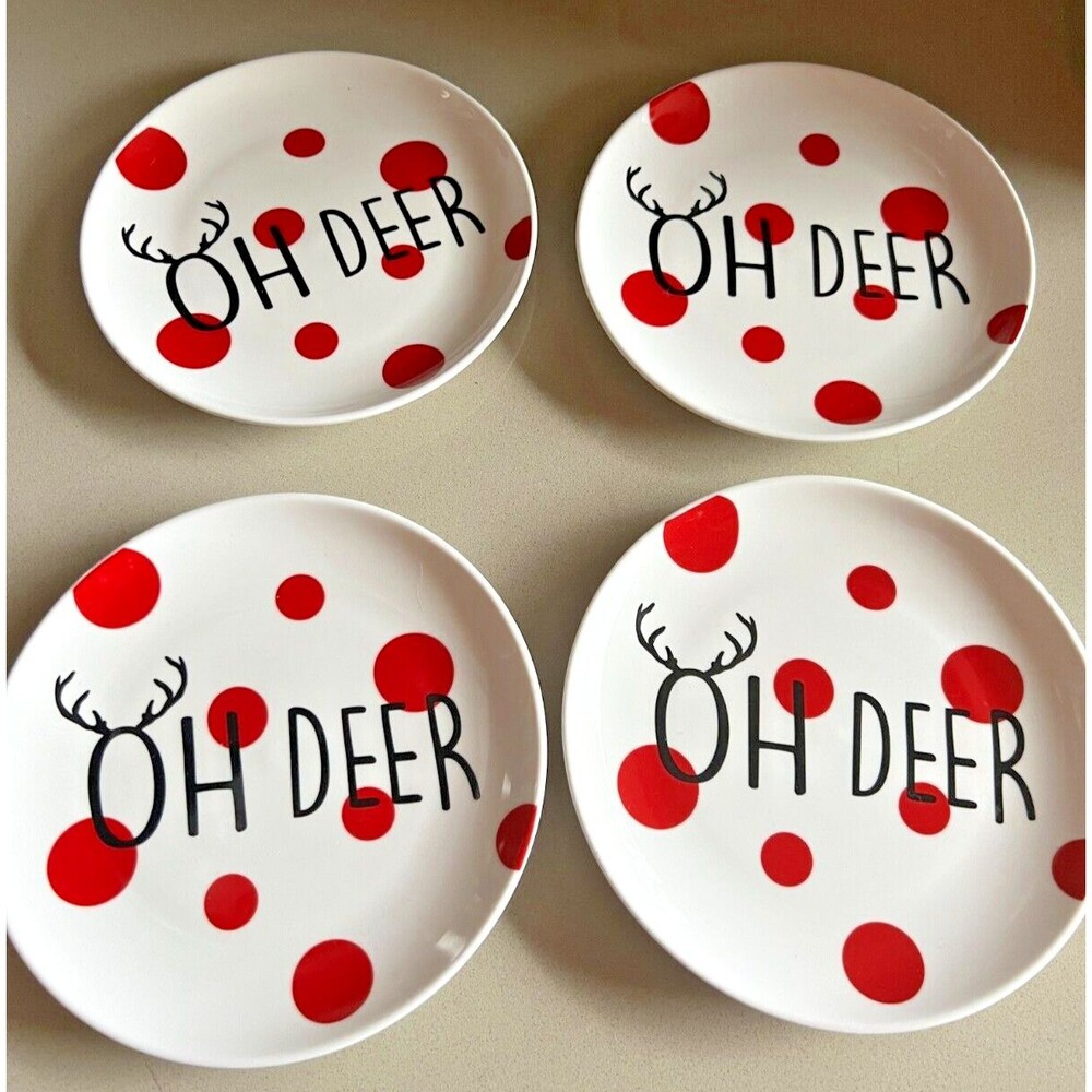4 small plates Oh Deer! 5" Porcelain Red christmas white dishes polka dot
